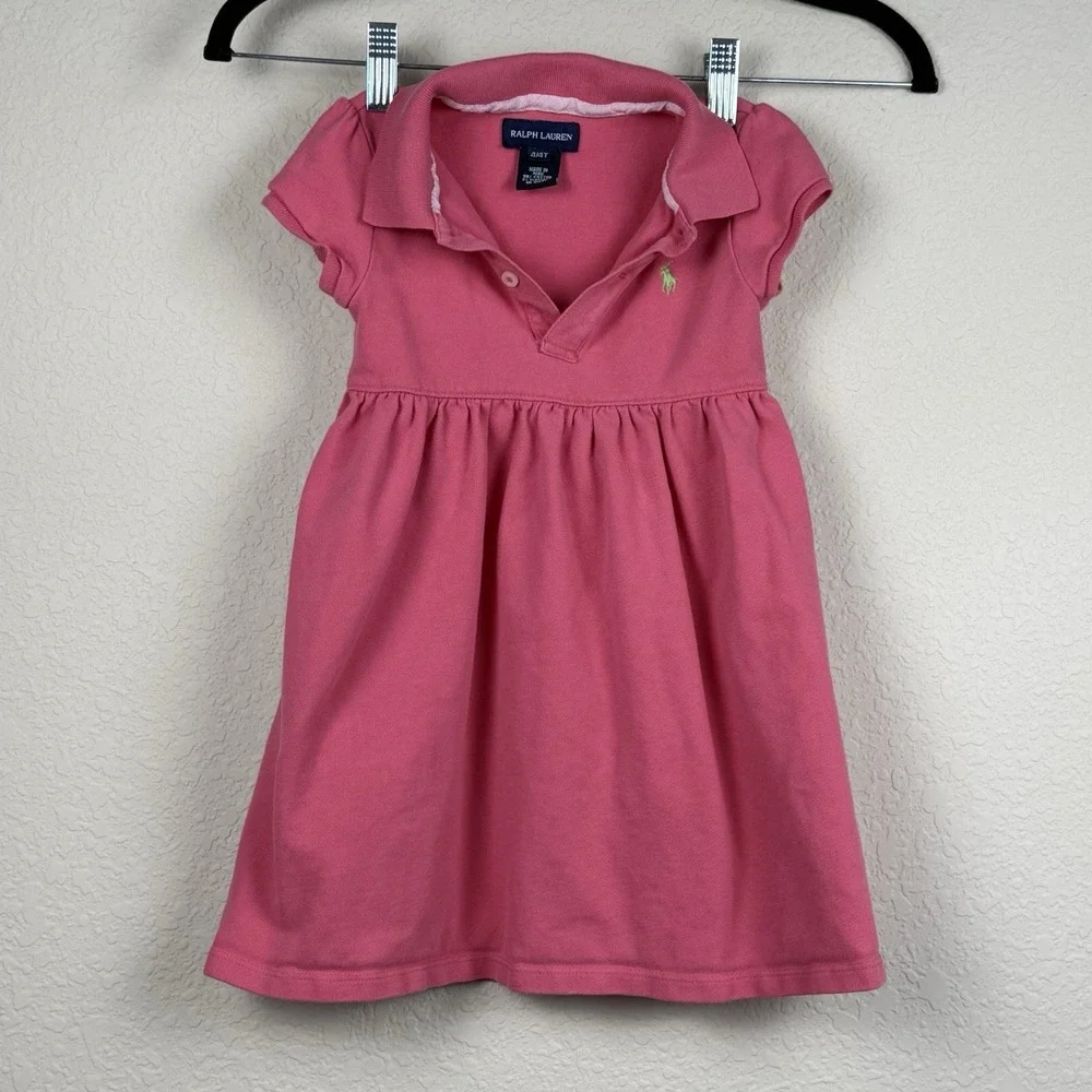 Ralph Lauren Girls Pink Polo Dress Sz 4/4T Green Pony Logo Collared Preppy